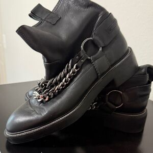Zara Leather Black Ankle Motorcycle Boots with Chain Detail